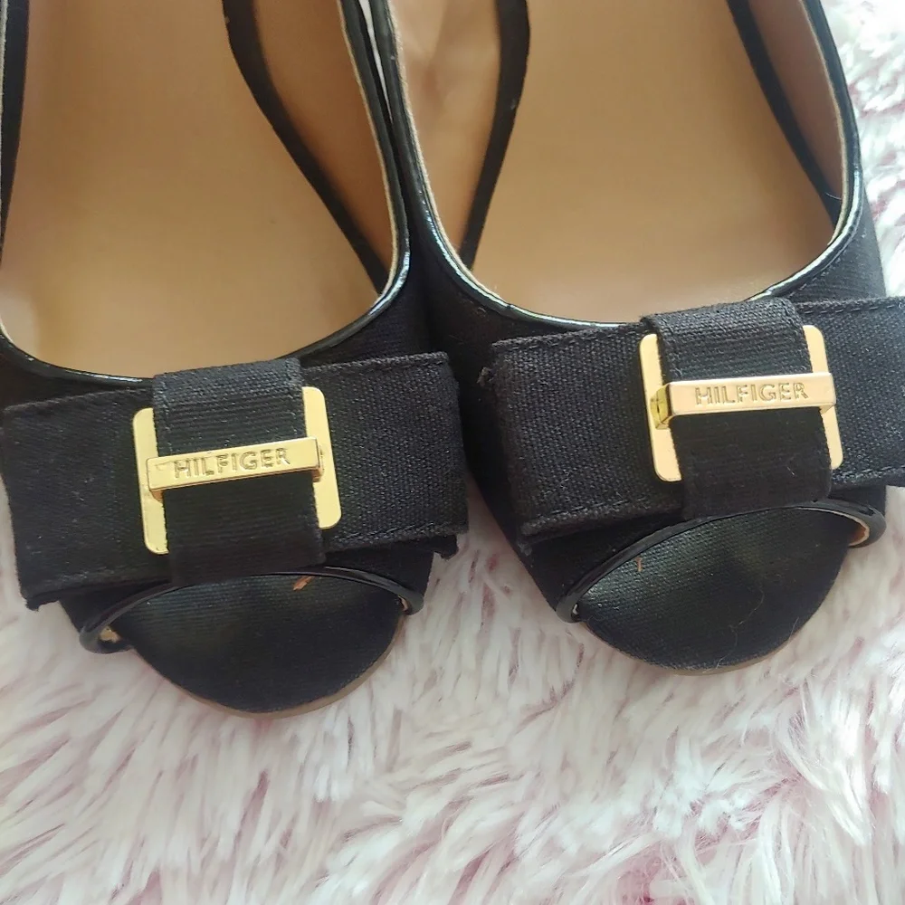 Tommy Hilfiger Black Slingback Espadrille Heels with Gold Accent Bow